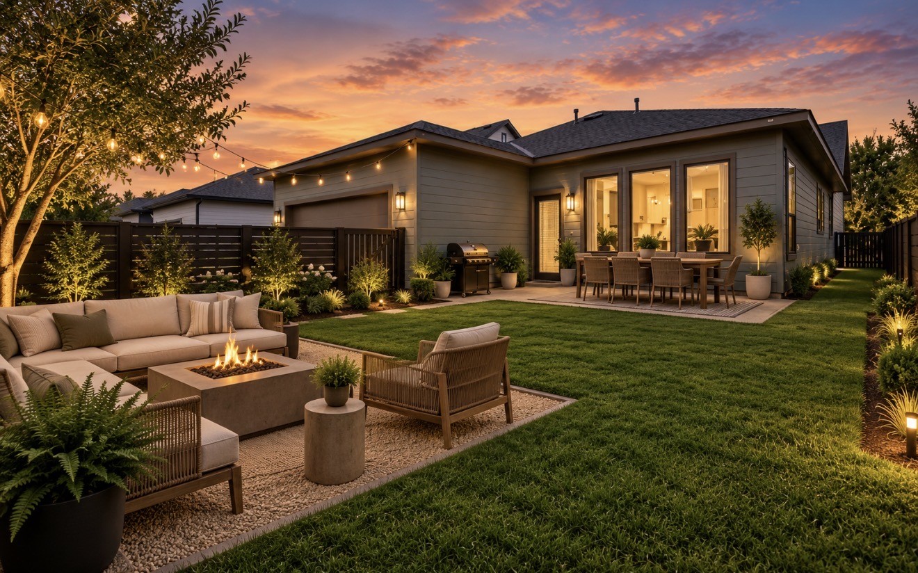 Virtually Staged - Twilight backyard view captures an inviting outdoor setting designed for memorable evenings at home.