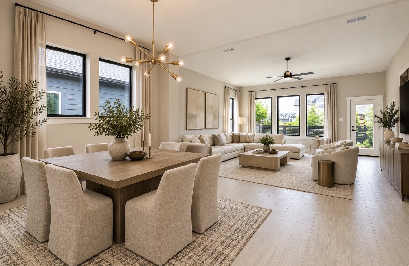 Virtually staged to showcase the open living and dining space.
