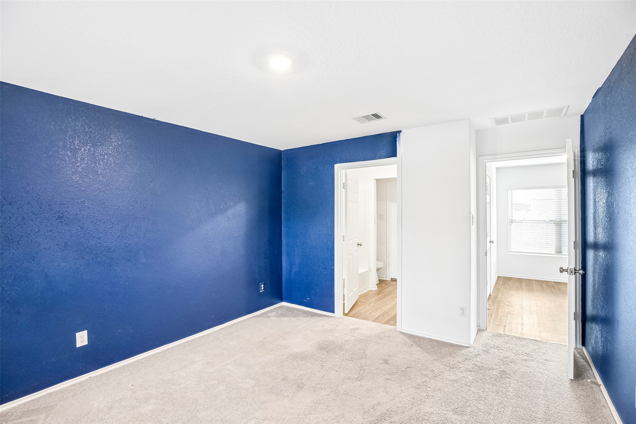 Empty carpeted interior room with blue painted walls, white trim, open doorways, and adjoining wood-look flooring.