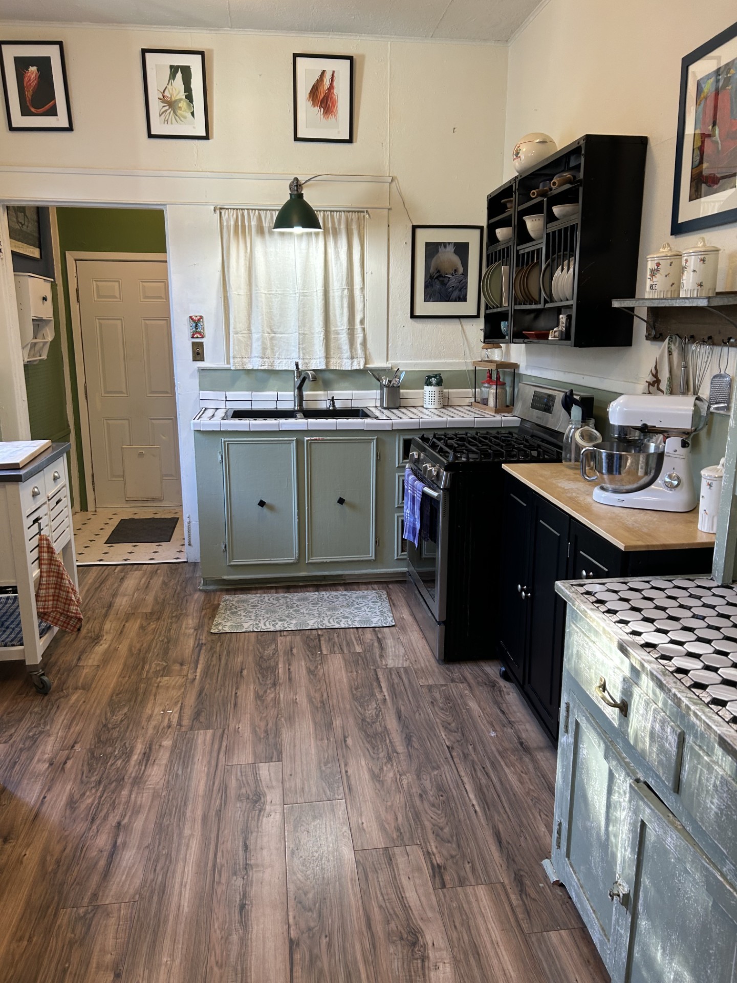 Looking from the dining room into the kitchen with back door in the background.