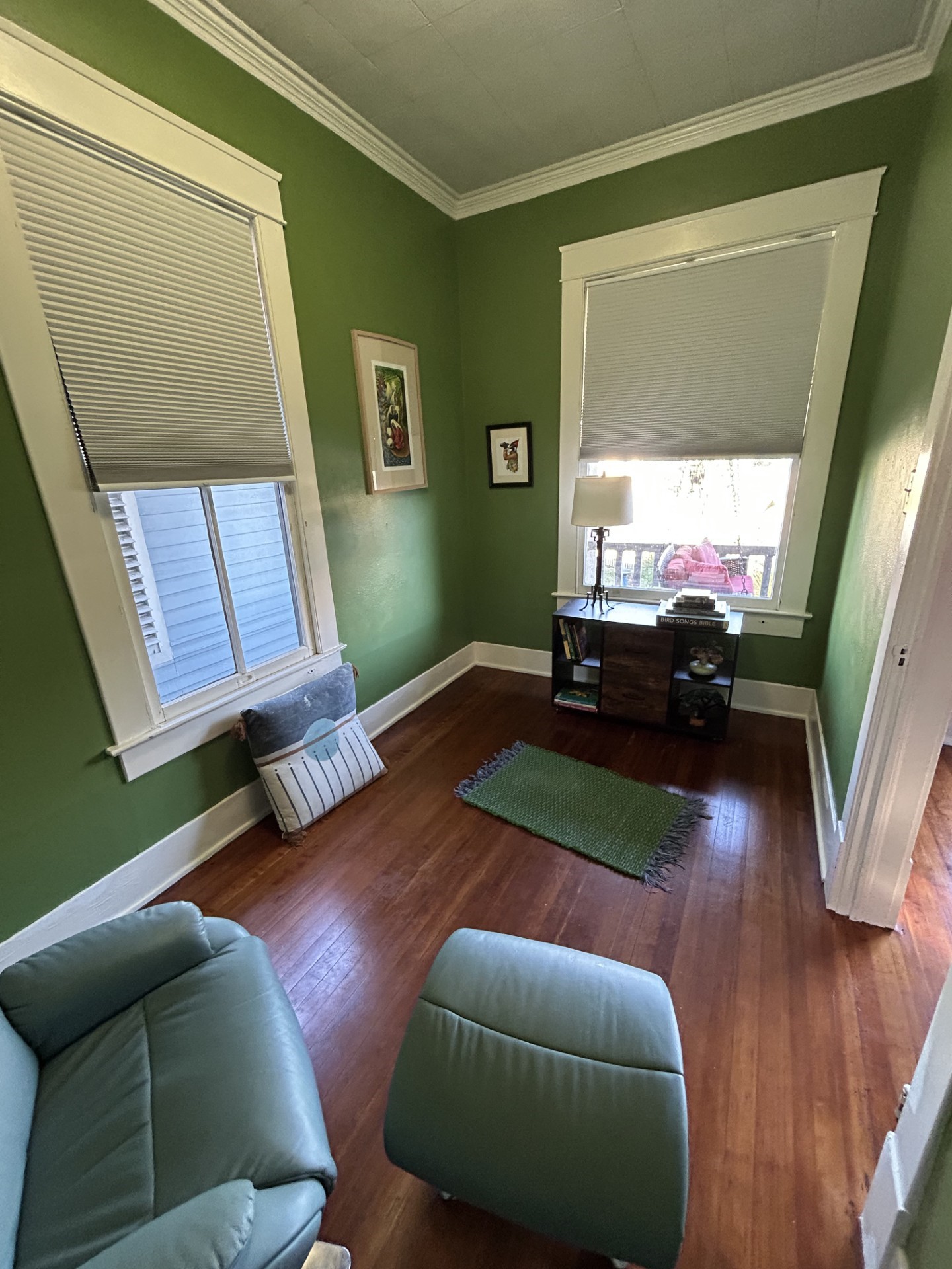Home study/office off the living room measures 13x7.  Room originally was part of the larger living room, but previous owner wanted an extra room apart from the two bedrooms.  This room has crownmolding, baseboards and toe molding.