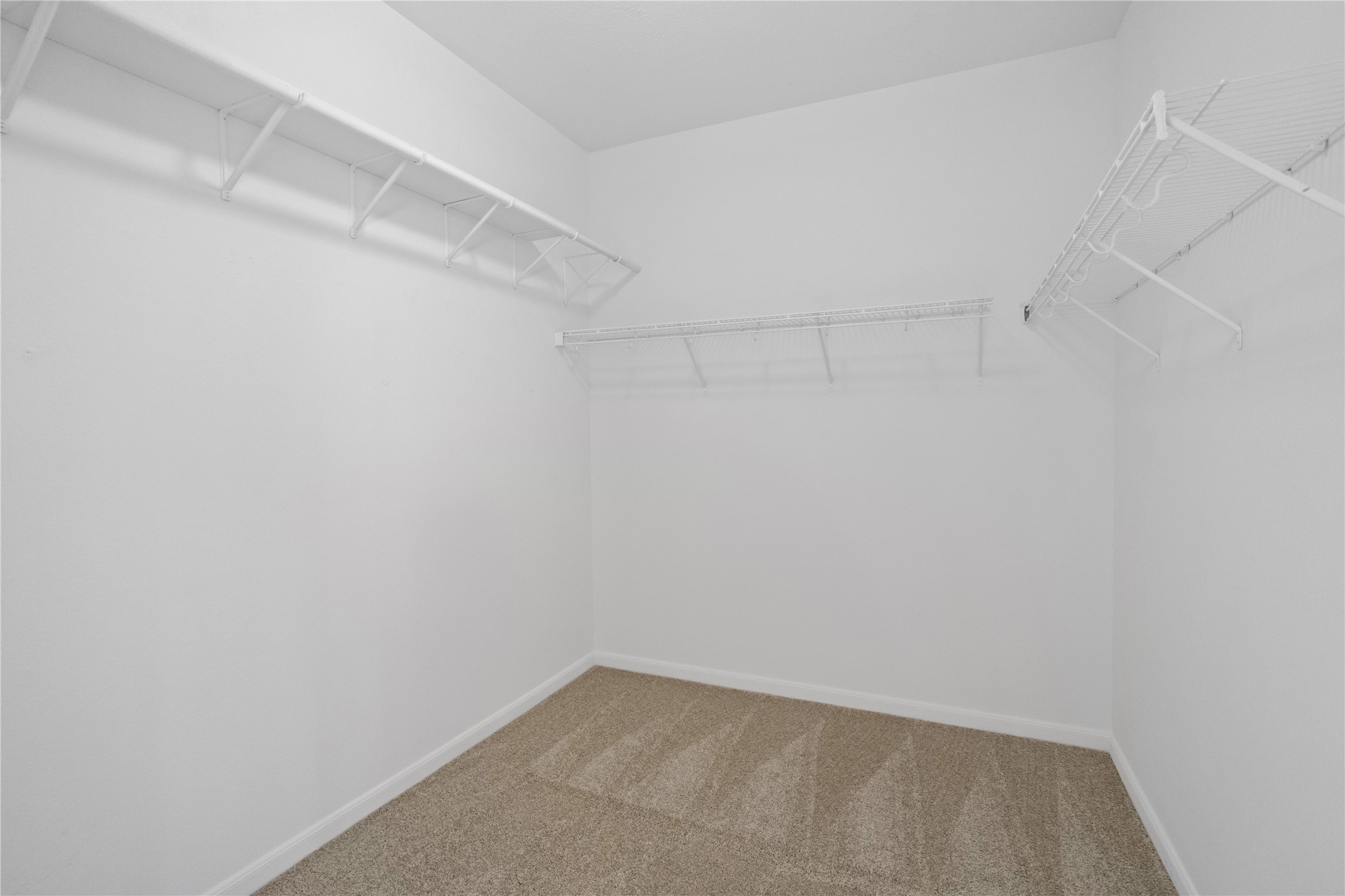 Walk-In Closet  Spacious walk-in closet with wraparound hanging and shelf storage plus carpeted flooring.