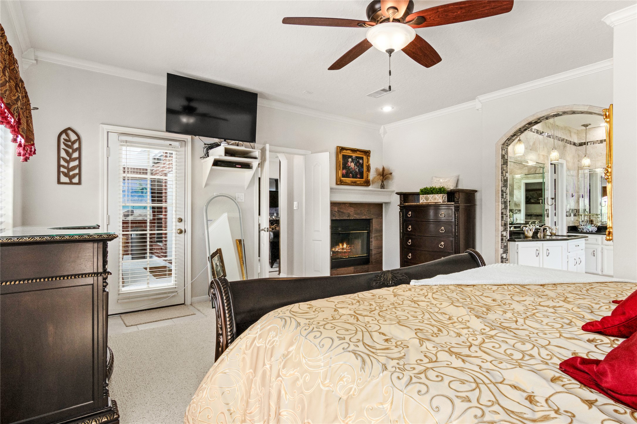 Wood burning fireplace in Primary Bedroom