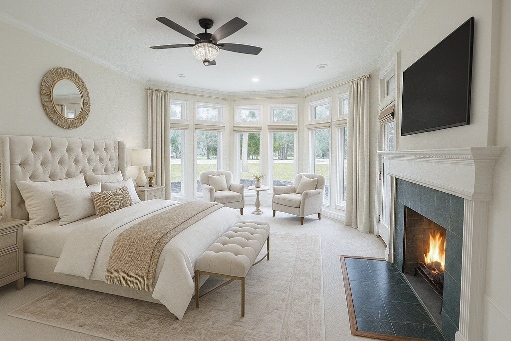 Digitally staged primary bedroom