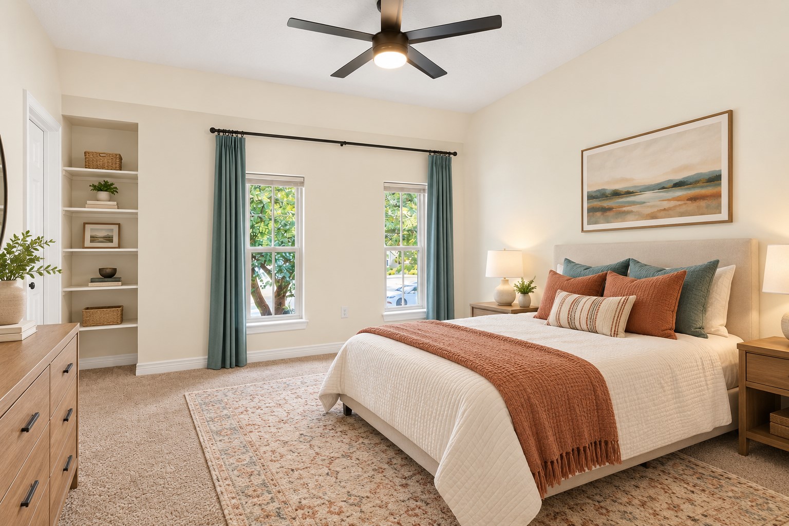 Virtually staged with built-in shelving  that adds useful storage and character to this spacious upstairs bedroom.