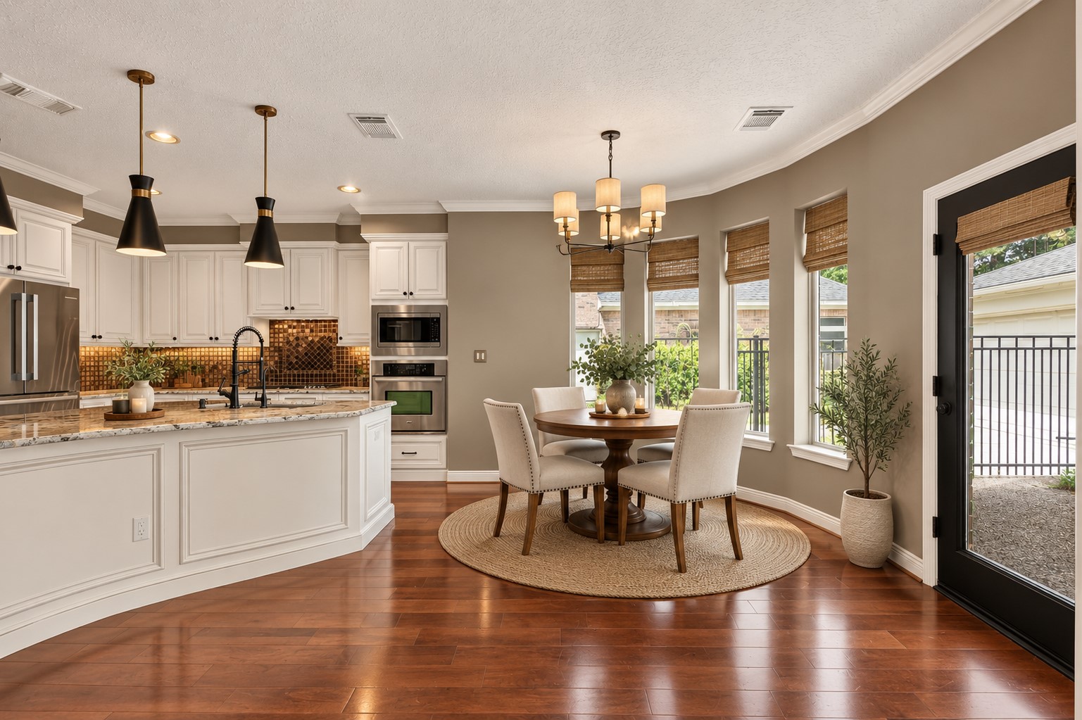 Kitchen and breakfast area virtually staged to showcase the open layout, real wood floors and abundant natural light.