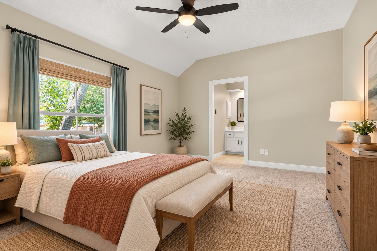 Upstairs bedroom virtually staged to illustrate the generous space for sleeping, studying and relaxing.