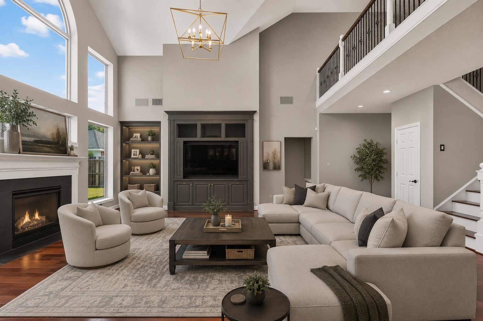 Family room virtually staged to showcase the soaring ceiling, fireplace, built-ins and wall of windows overlooking the backyard.