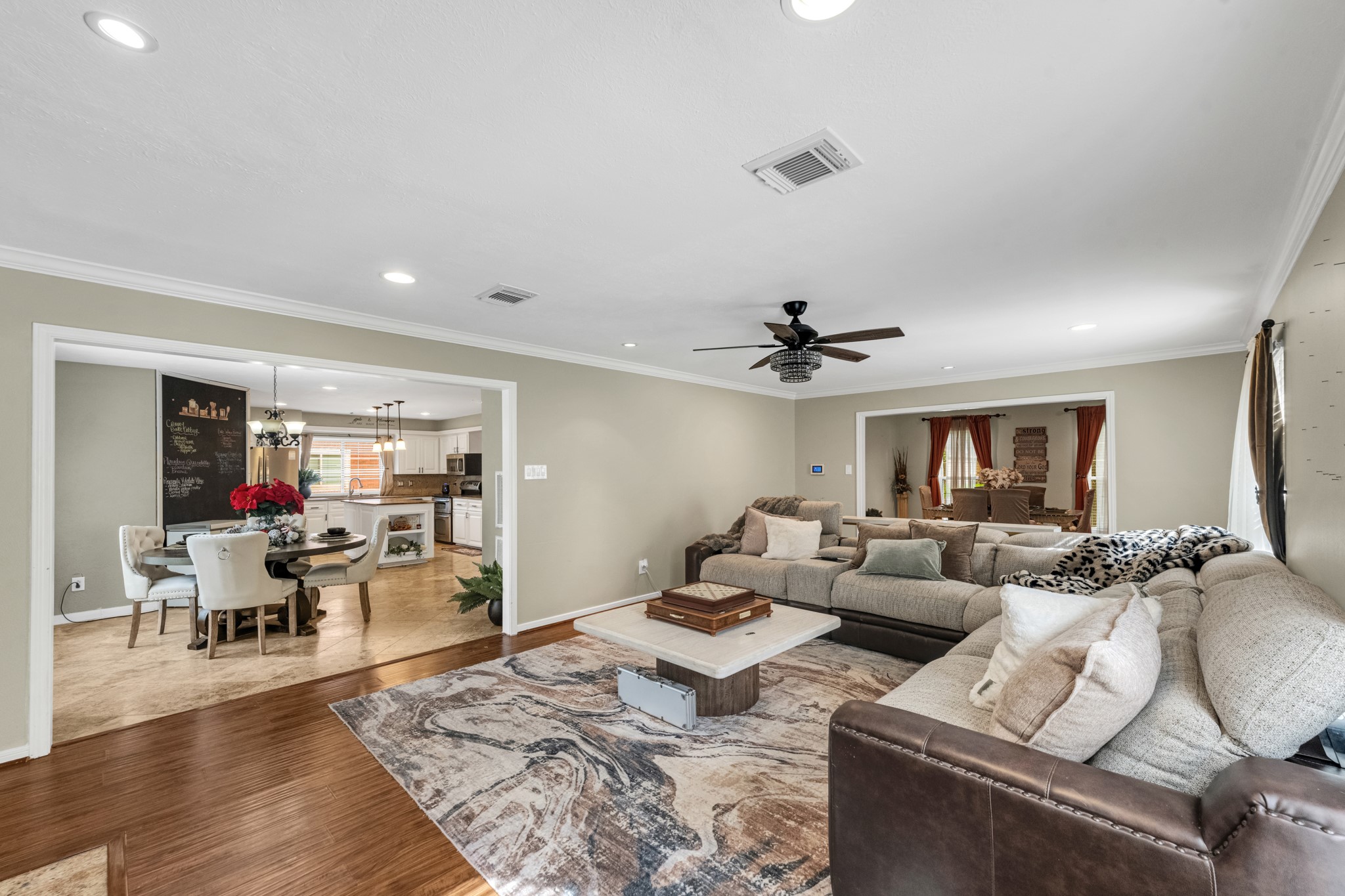Easy access from the family roomto the kitchen, formal dining room and office.
