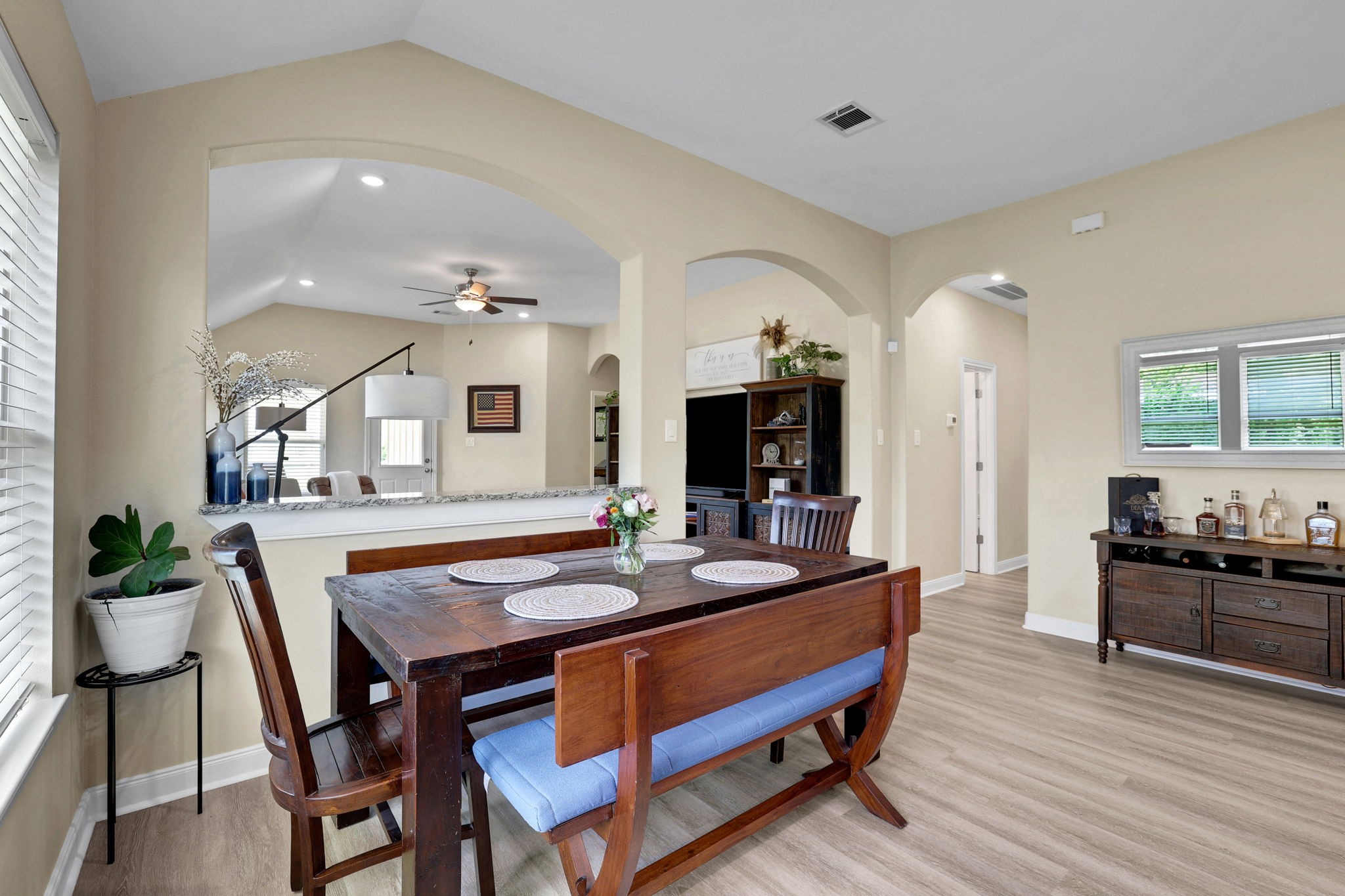 The breakfast room sits right off the kitchen and will accommodate a large table