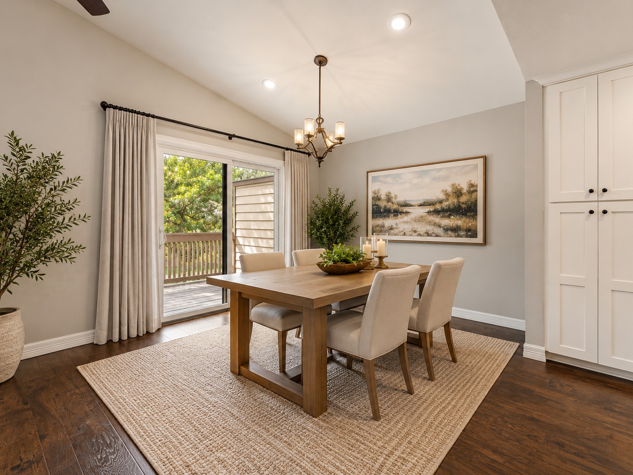 Virtually staged dining room with access to balcony