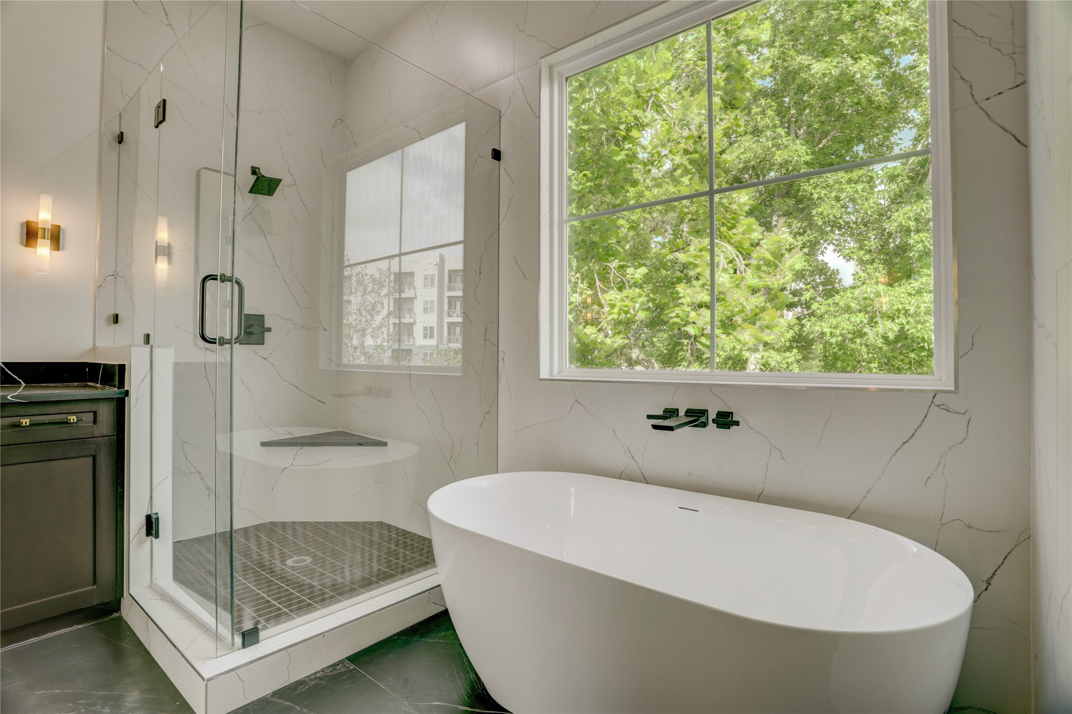 A close up of the primary bathroom wet areas.