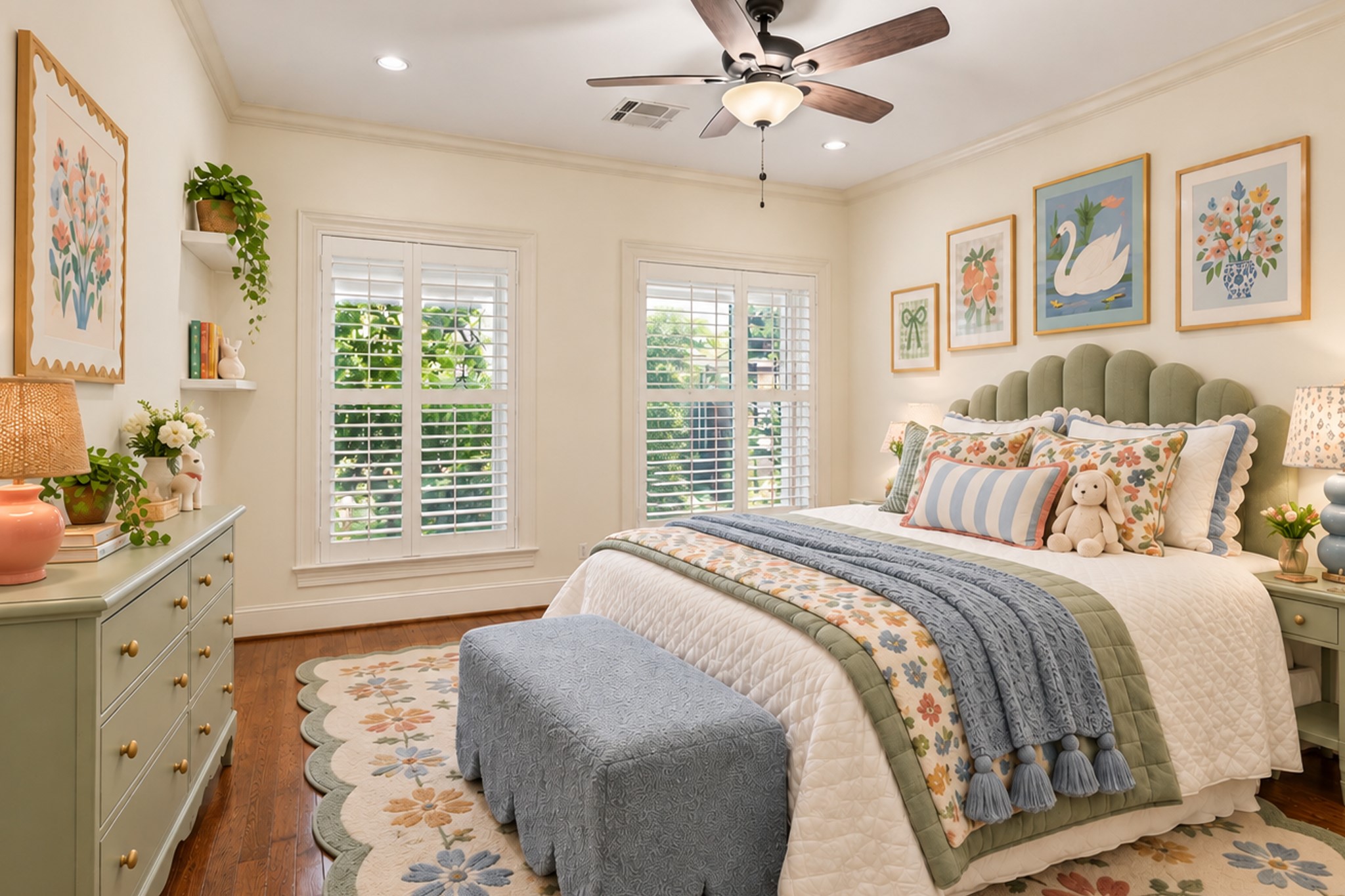 Secondary bedroom with ensuite bath, hardwood floors, crown molding, and 2 large windows with treetop views. Virtually staged.