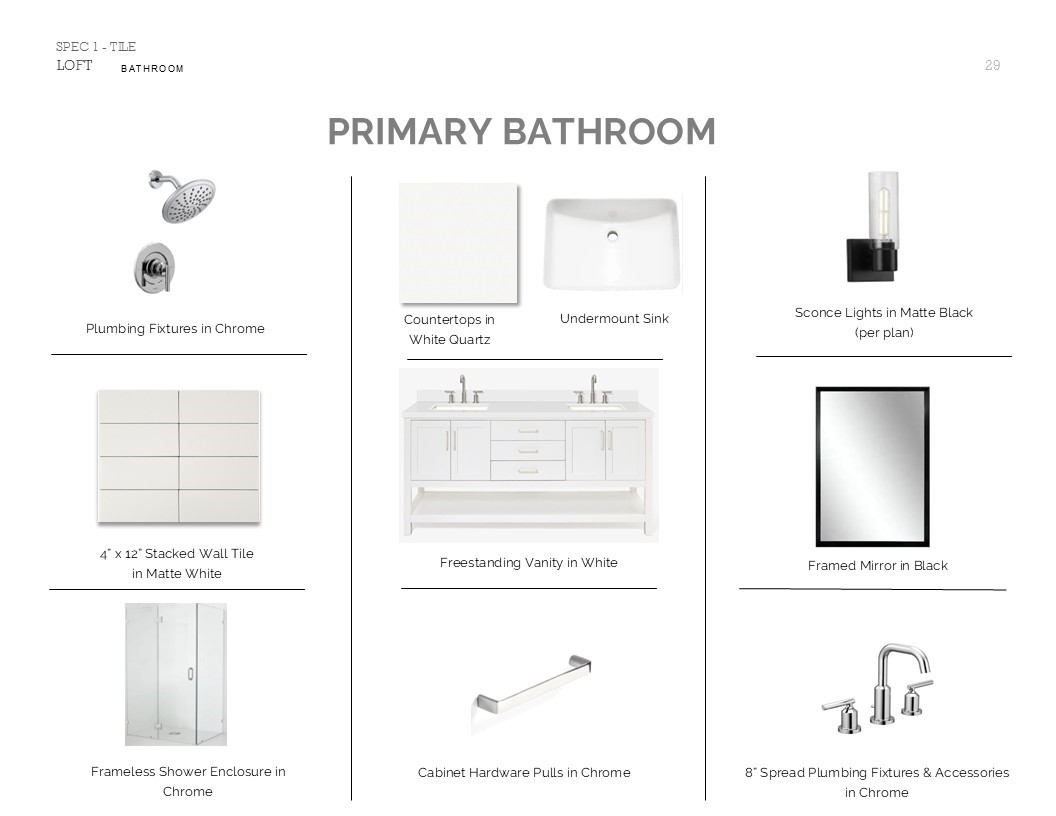 Loft Look Palette 6: Primary Bathroom Selection Sheet (*Artist rendering used for illustration purposes only.)