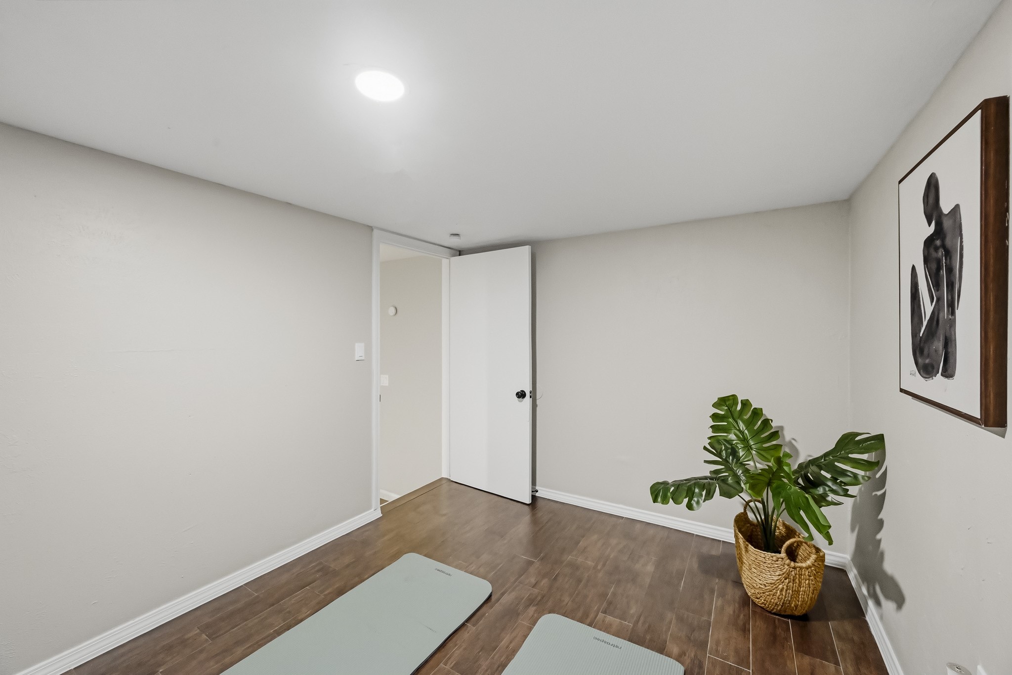 Bright and inviting space with hardwood floors, perfect for a home gym or relaxation area, accented by a modern art piece and lush greenery.