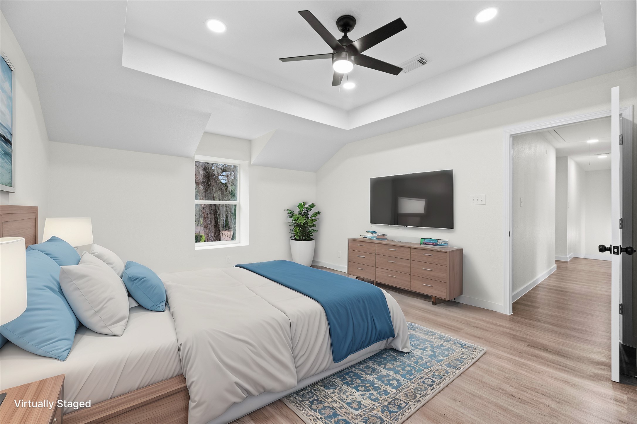 Virtually staged primary bedroom.
