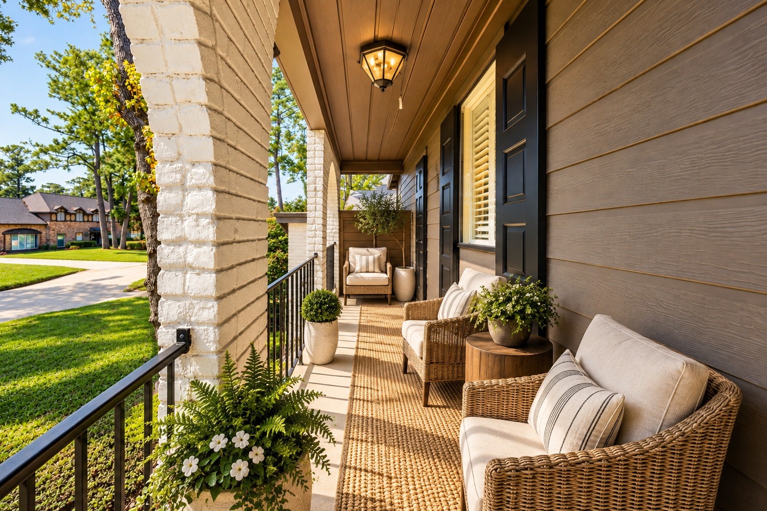 Covered Front Porch (Virtually Staged)
Charming covered front porch featuring classic brick columns, wood-paneled ceiling, and inviting space for outdoor seating. A welcoming setting to relax and enjoy the beautifully landscaped surroundings.