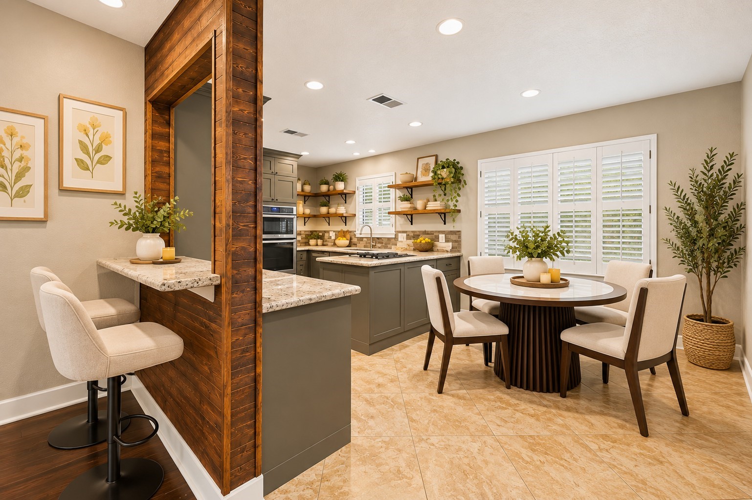 Kitchen & Breakfast Area (Virtually Staged)
Beautifully designed kitchen and breakfast area featuring granite countertops, gray cabinetry, stainless steel appliances, and abundant natural light. A charming wood-accented breakfast bar adds character and additional seating.