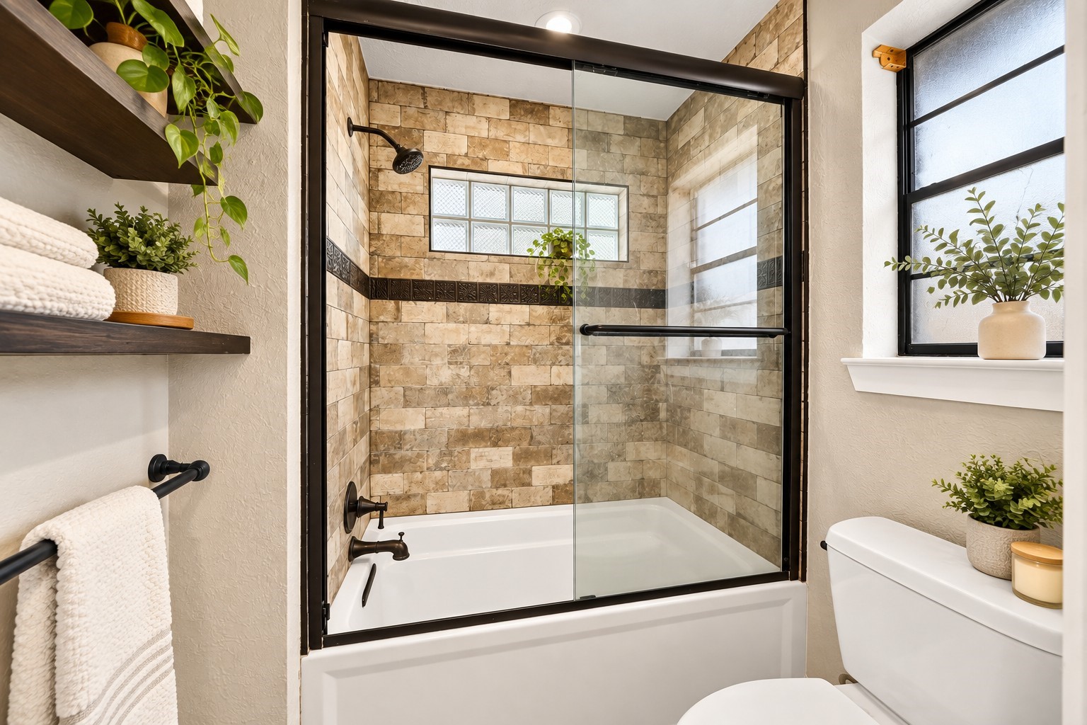 Secondary Bathroom (Virtually Staged)
Beautifully appointed bathroom featuring a shower and tub combination with decorative tile surround, glass sliding doors, dark fixtures, and windows allowing natural light to brighten the space.