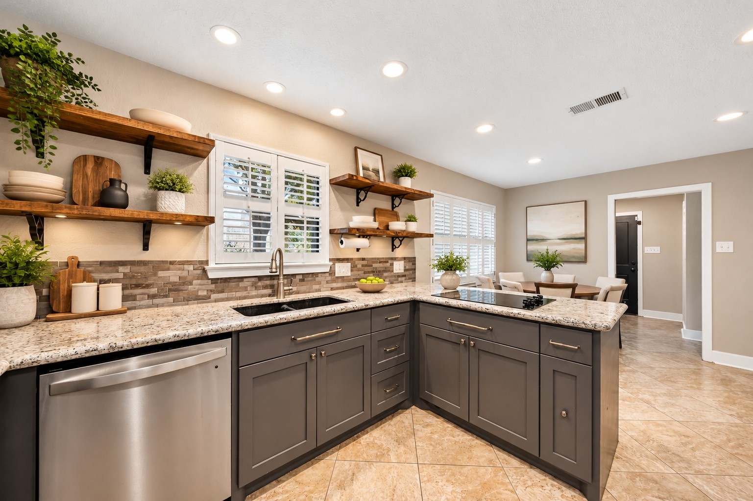 Kitchen (Virtually Staged)
Beautifully appointed kitchen featuring granite countertops, gray cabinetry, decorative tile backsplash, stainless steel appliances, and open wood shelving. Abundant natural light enhances the inviting space.