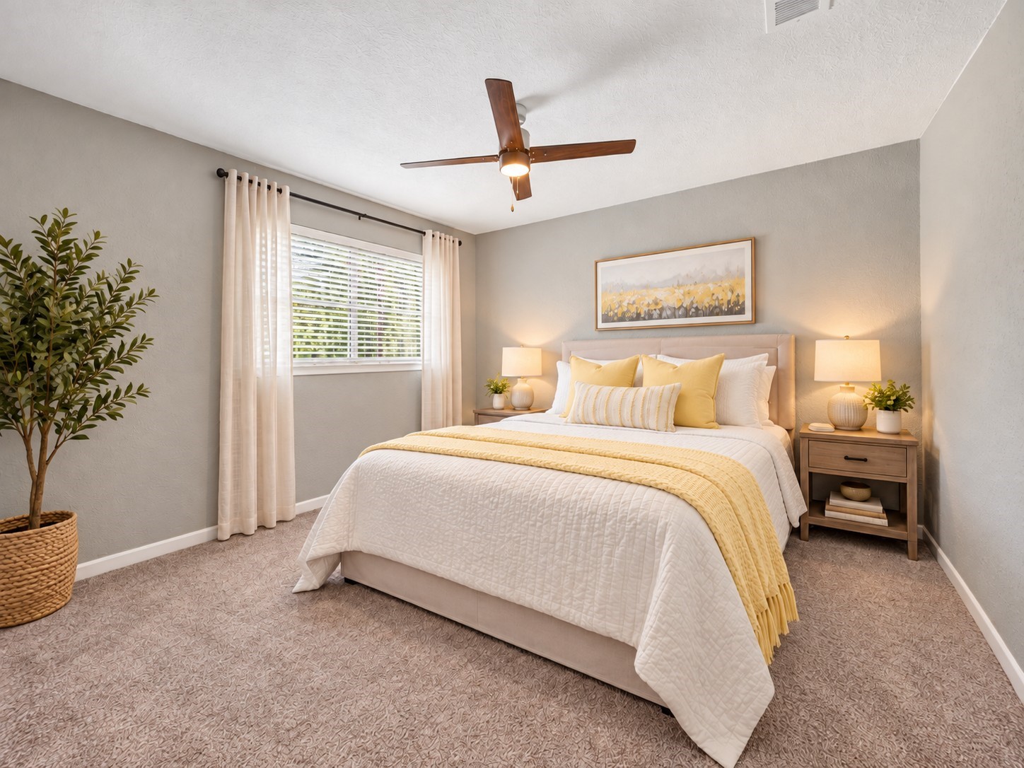 Secondary Bedroom (Virtually Staged)
Inviting secondary bedroom featuring soft neutral tones, plush carpeting, ceiling fan, and a large window providing beautiful natural light. Spacious layout offers comfort and versatility.