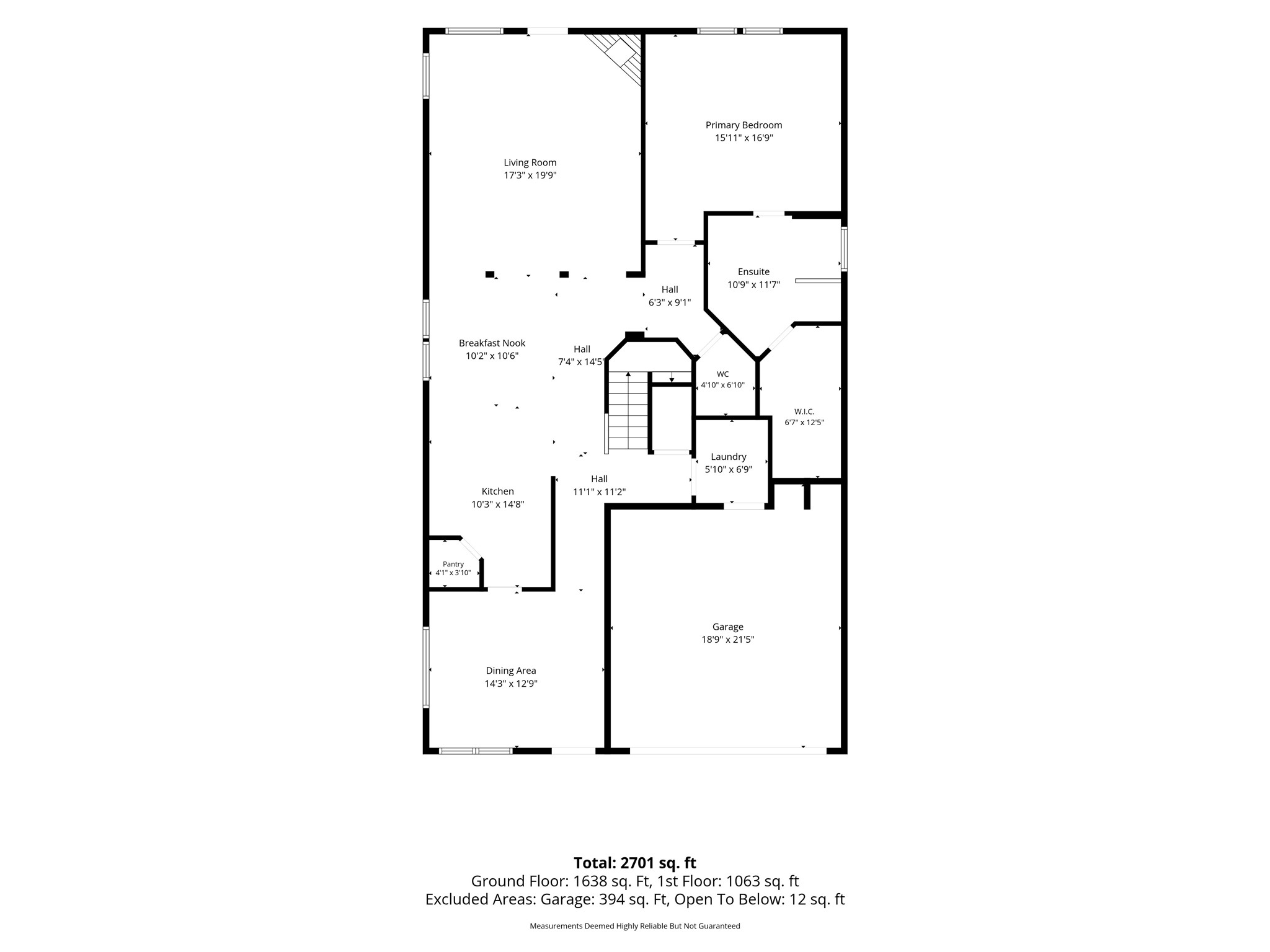 The 1st-floor plan highlights the homes spacious living and dining areas, remodeled kitchen, primary suite and convenient half bath.