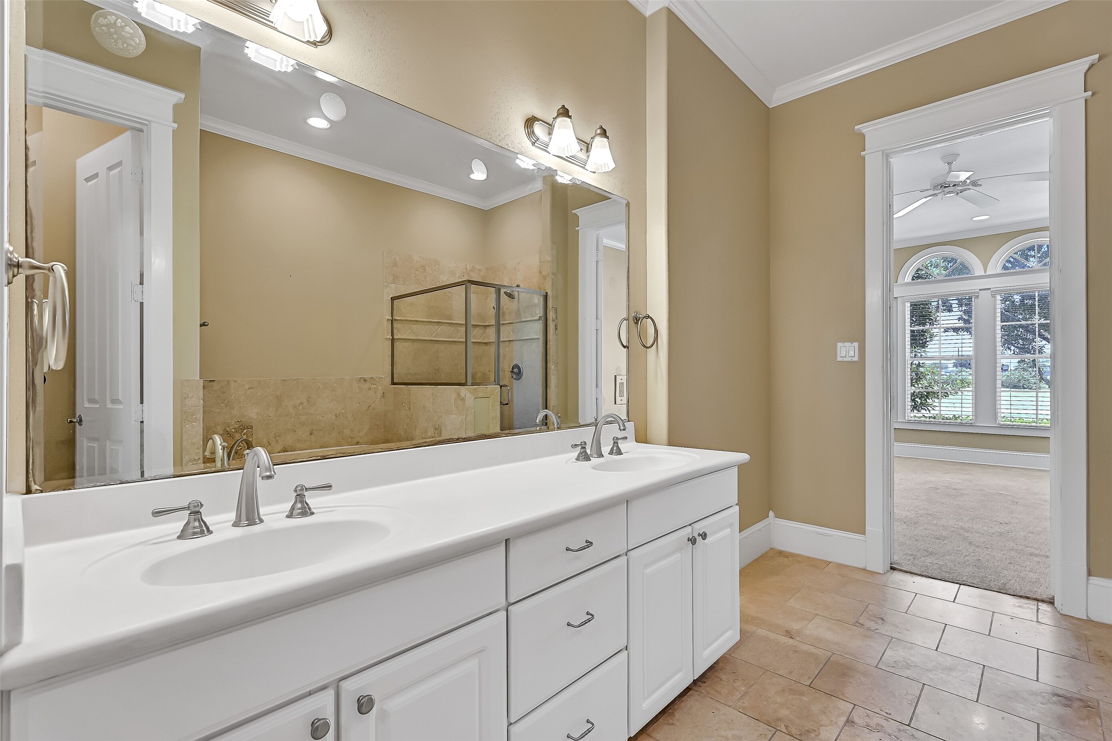 Expansive double sink vanity with so much storage!