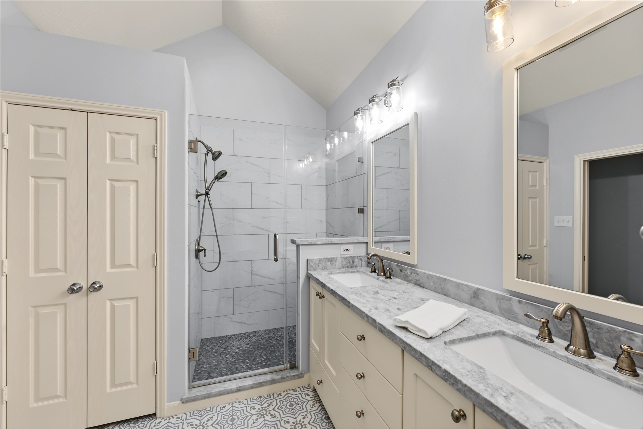 Primary bathroom extra large walk in shower!