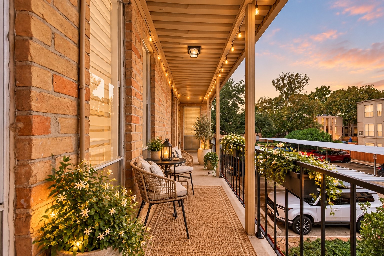 Enjoy a peaceful moment outdoors on the covered balcony, ideal for morning coffee or unwinding at the end of the day. Furniture and decor virtually staged.