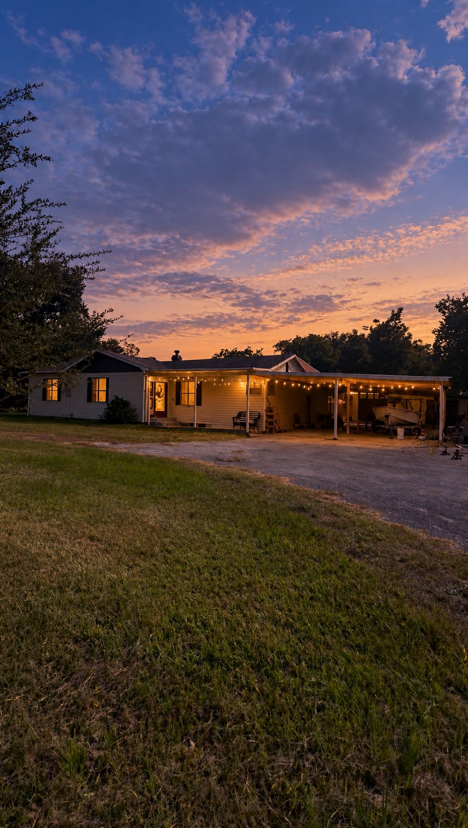 Side Front exterior photo enhanced with AI to simulate twilight and lighting