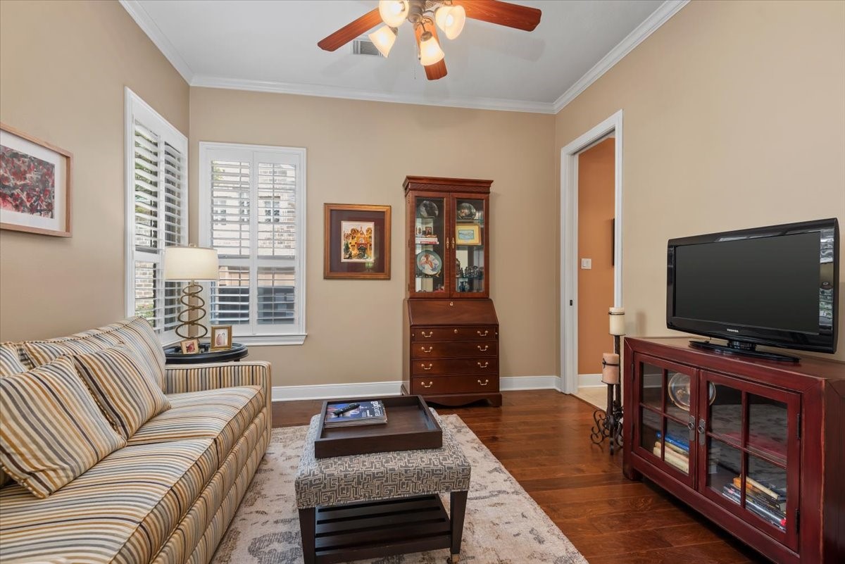 Bedroom #3 is currently used as a TV room. Bedroom #3 also has its own vanity and shares a tub/shower with bedroom #2.