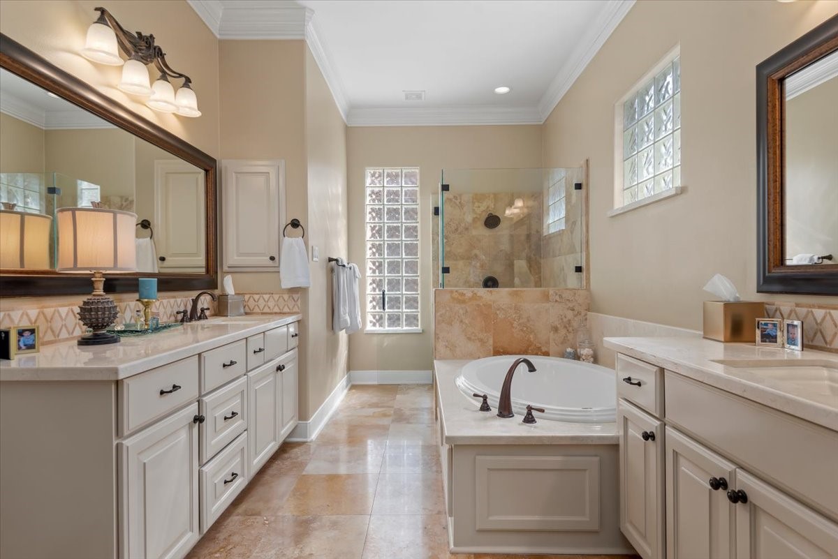 Glass block windows ensure privacy while allowing plenty of natural light.