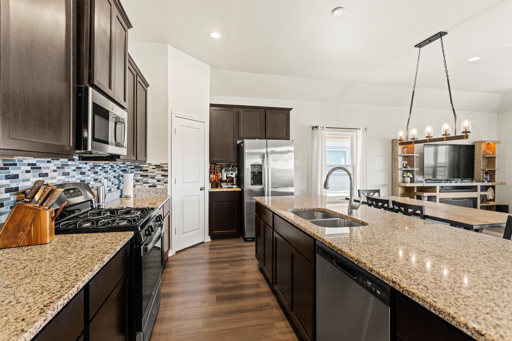 Granite countertops in the kitchen.