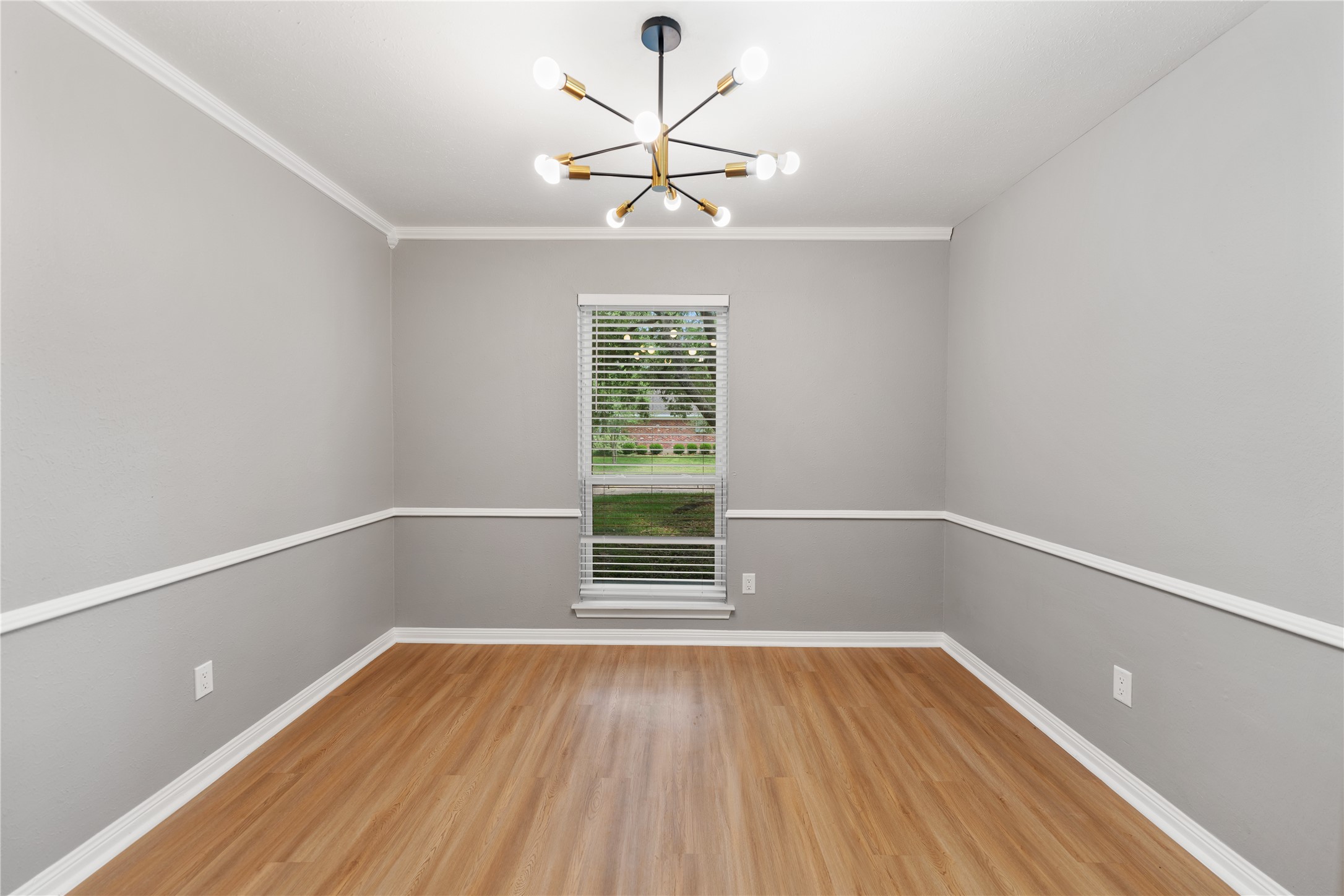 Spacious flex room with a modern light fixture and a well sized window overlooking the front yard. This versatile space can be used as formal dining or home office