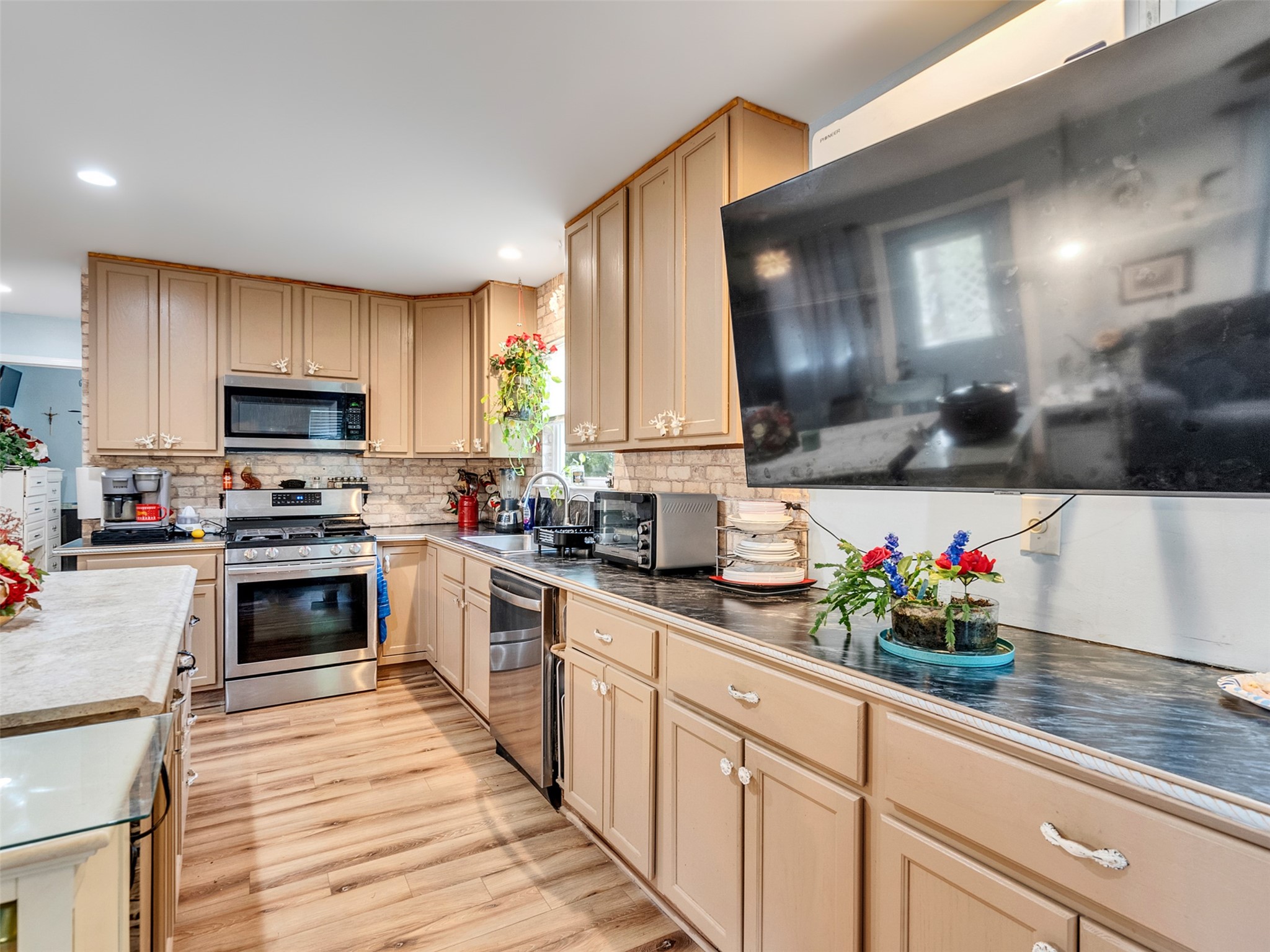 Stainless appliances offer a sleek modern look.