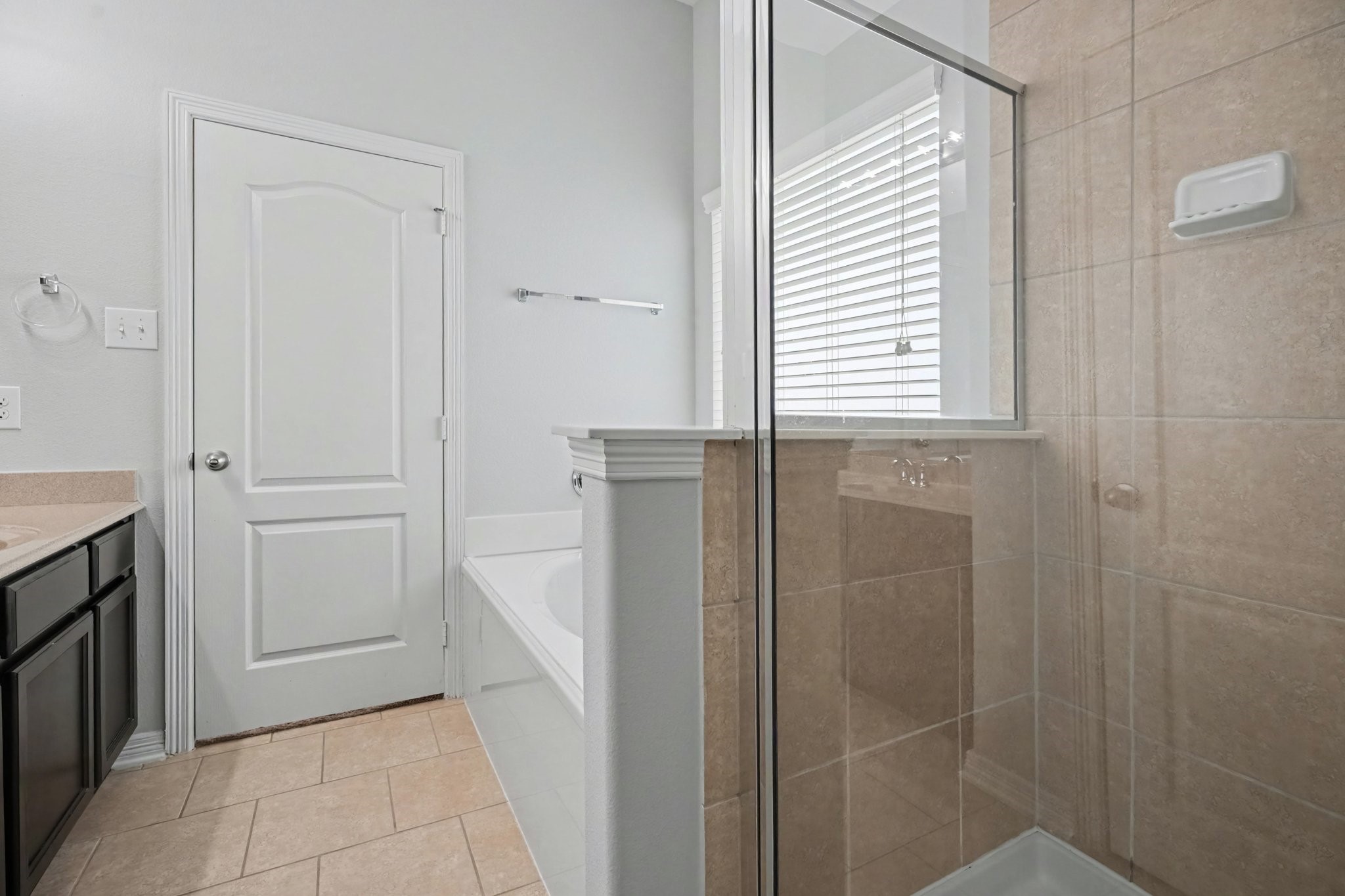 Primary bathroom stand alone shower & soaking tub.
