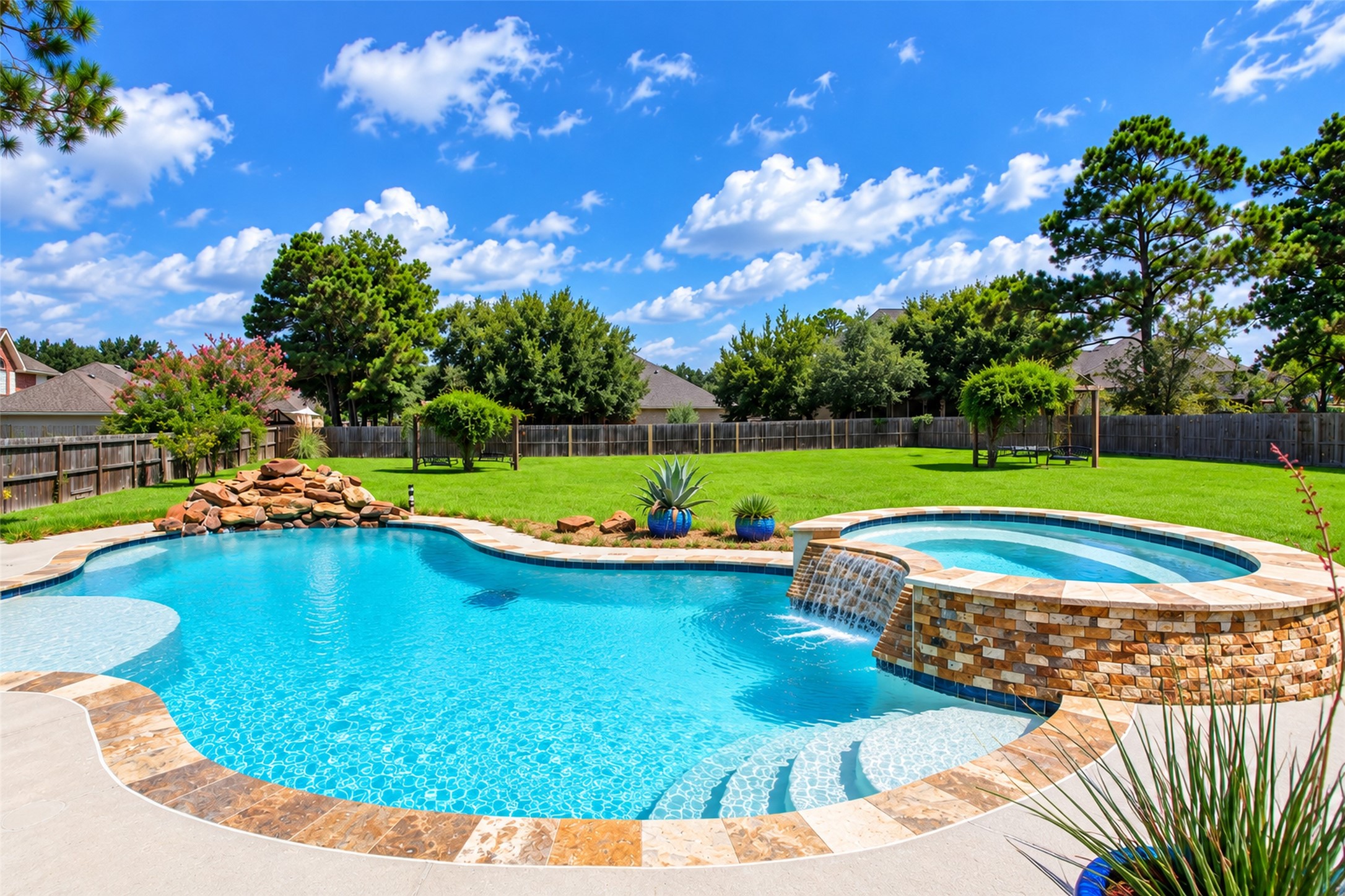 Freeform pool with tanning ledge and raised spa spillover