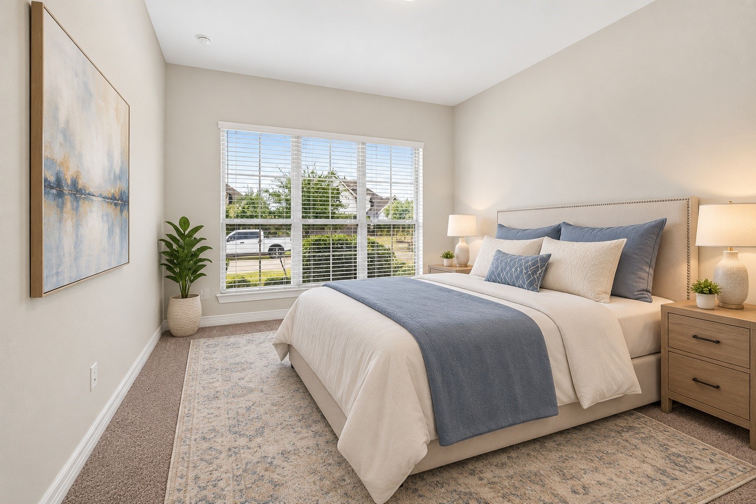 This bright and cozy second bedroom offers a warm, peaceful atmosphere with generously sized windows flood the room with soft natural light throughout the day, creating an uplifting and cheery feel.