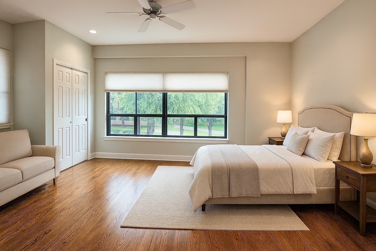 A generous second bedroom (digitally staged) provides flexibility for guests or family, complemented by its own full bathroom (digitally staged) with a wide vanity and tub/shower combo.