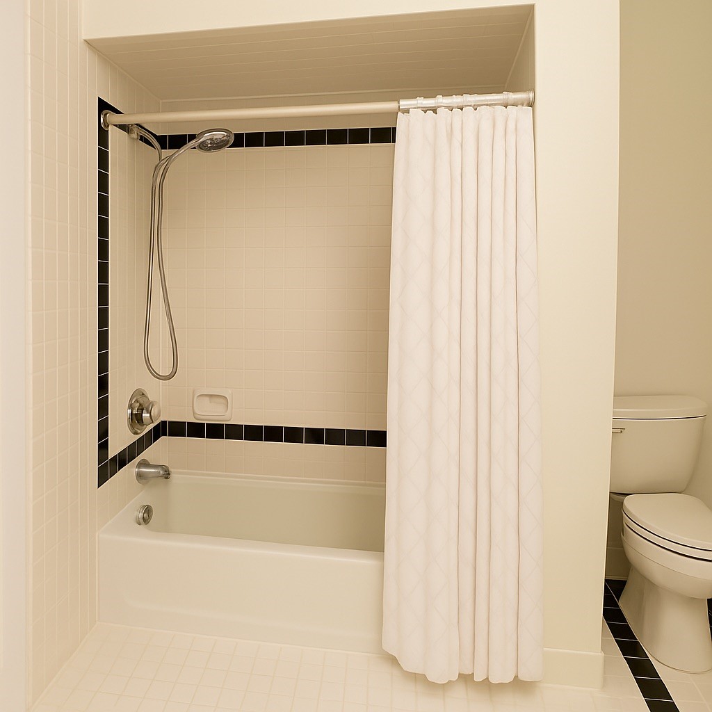 The homes second bathroom (digitally staged) features clean white finishes with striking black tile accents, adding a touch of classic style.