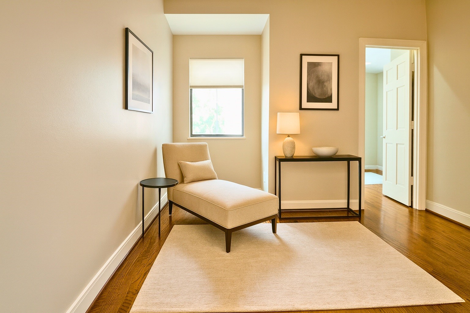 Upstairs, a flex room (digitally staged) creates endless possibilities, a reading nook, home office, or quiet retreat, with natural light streaming through the windows.