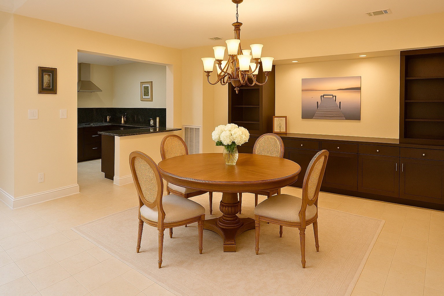 Adjacent to the living area, the dining room (digitally staged) offers a warm and inviting setting, complete with a chandelier, built-in storage, and easy access to the kitchen for effortless hosting.