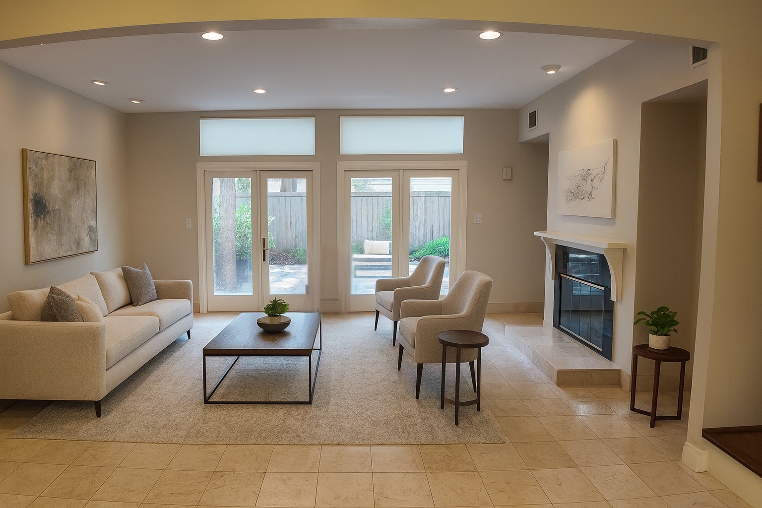Step inside to a light-filled living room (digitally staged), where a cozy fireplace anchors the space and French doors open to the private backyardperfect for both entertaining and quiet evenings.