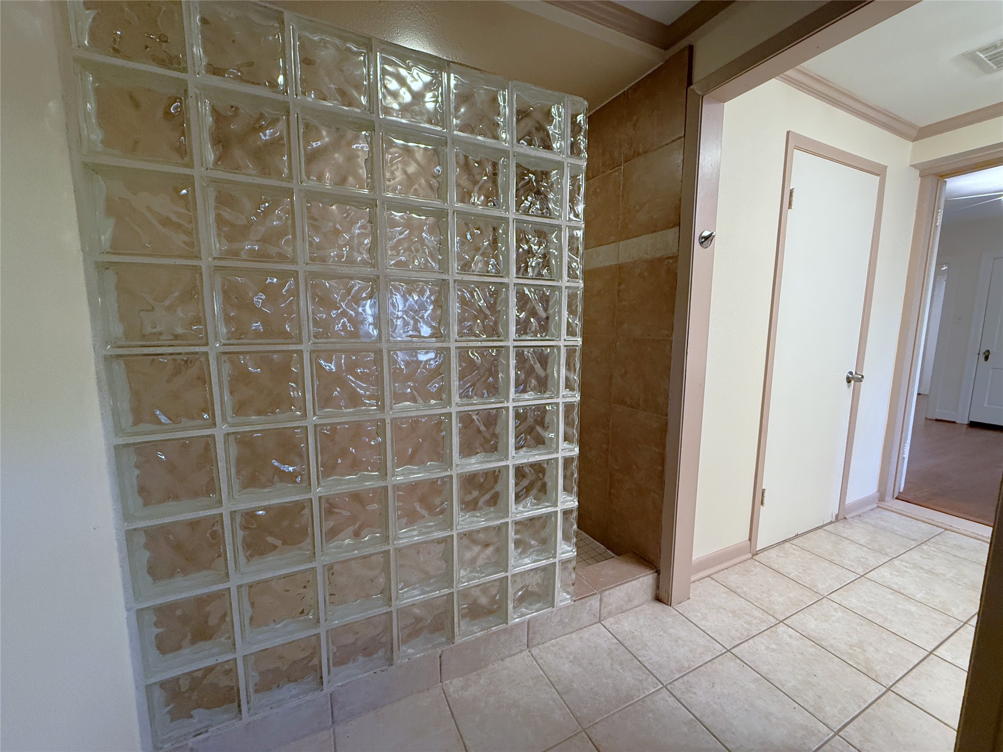 The primary bathroom shower features vintage block glass.