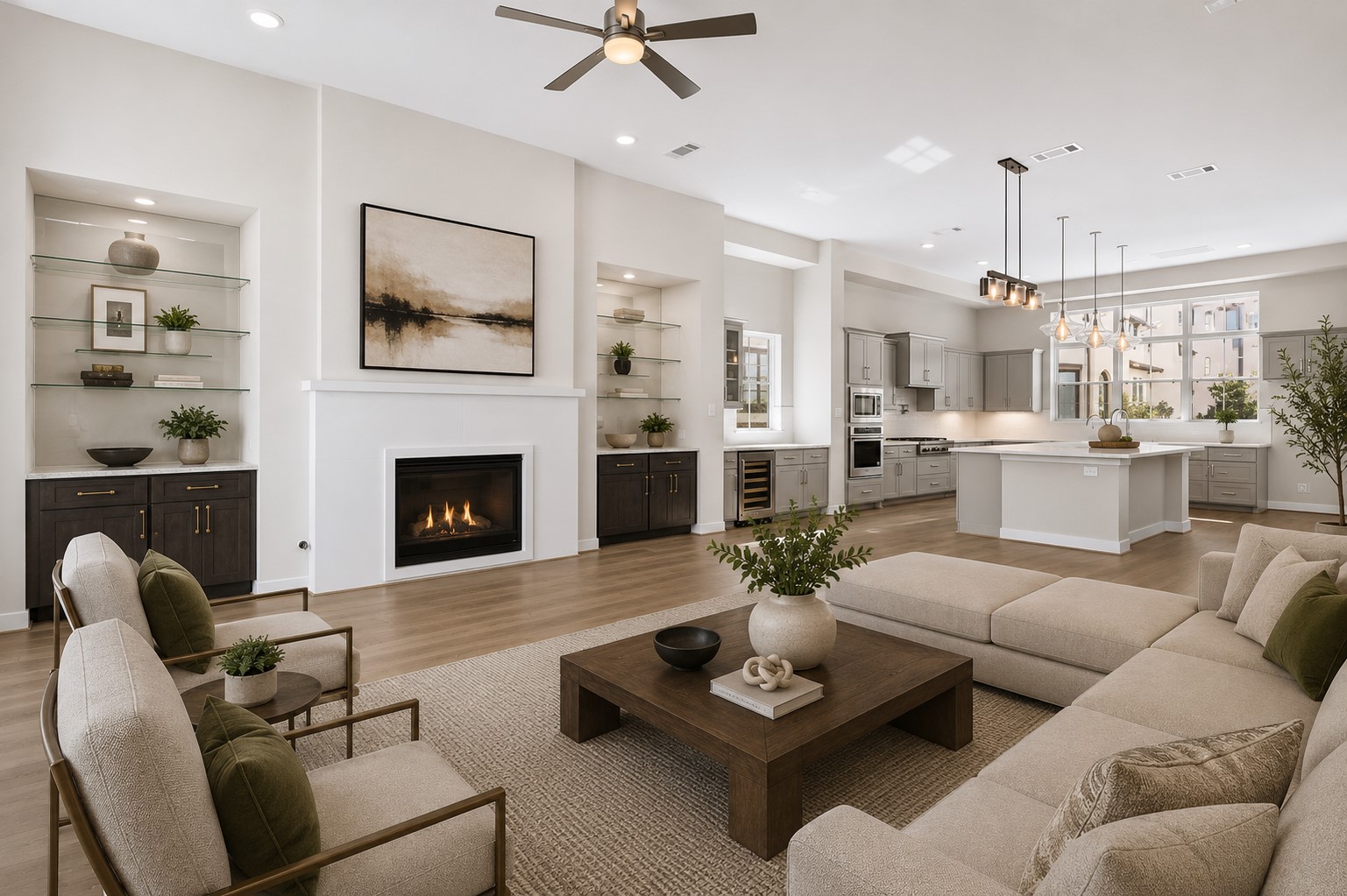 Bright open-concept living room with expansive windows, wood flooring, fireplace, and seamless flow into the kitchen and dining areas, creating an inviting central gathering space. Bright open-concept living room with expansive windows, wood flooring, fireplace, and seamless flow into the kitchen and dining areas, creating an inviting central gathering space.