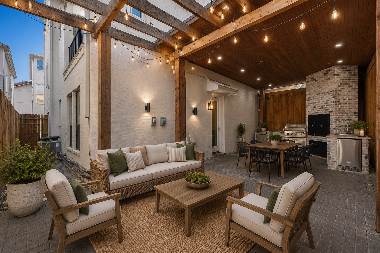 Covered outdoor living space with pergola, stone flooring, and direct access to the outdoor kitchen, designed for year-round entertaining. Furniture shown has been virtually staged for illustrative purposes. Covered outdoor living space with pergola, stone flooring, and direct access to the outdoor kitchen, designed for year-round entertaining. Furniture shown has been virtually staged for illustrative purposes.