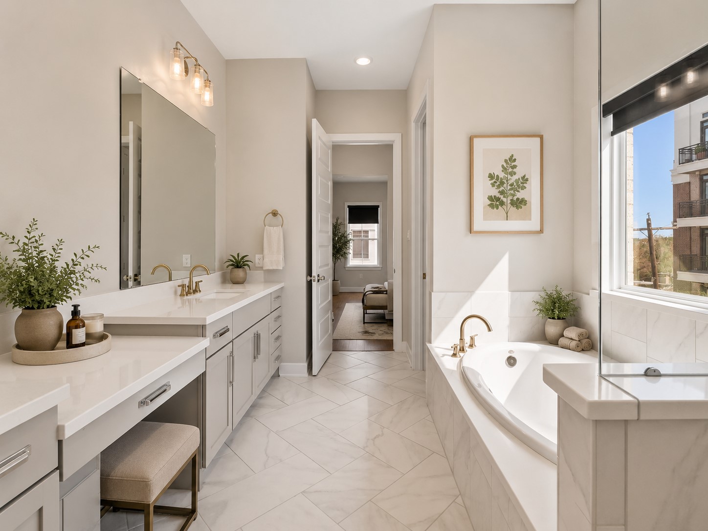 Luxury primary bathroom with dual vanities, oversized shower, soaking tub, and quality finishes designed for everyday functionality and comfort.
