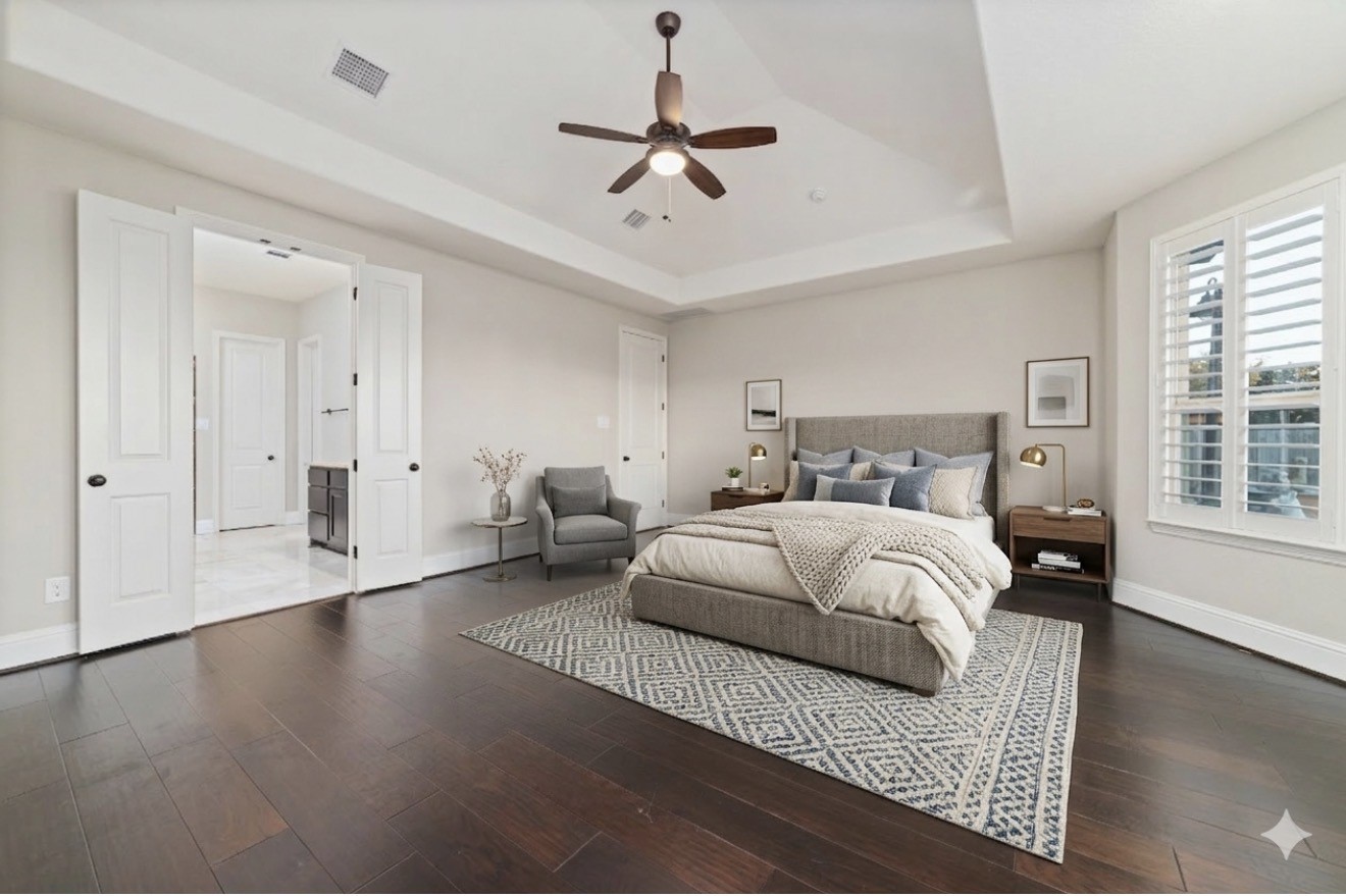 virtual staged, another view of the primary bedroom