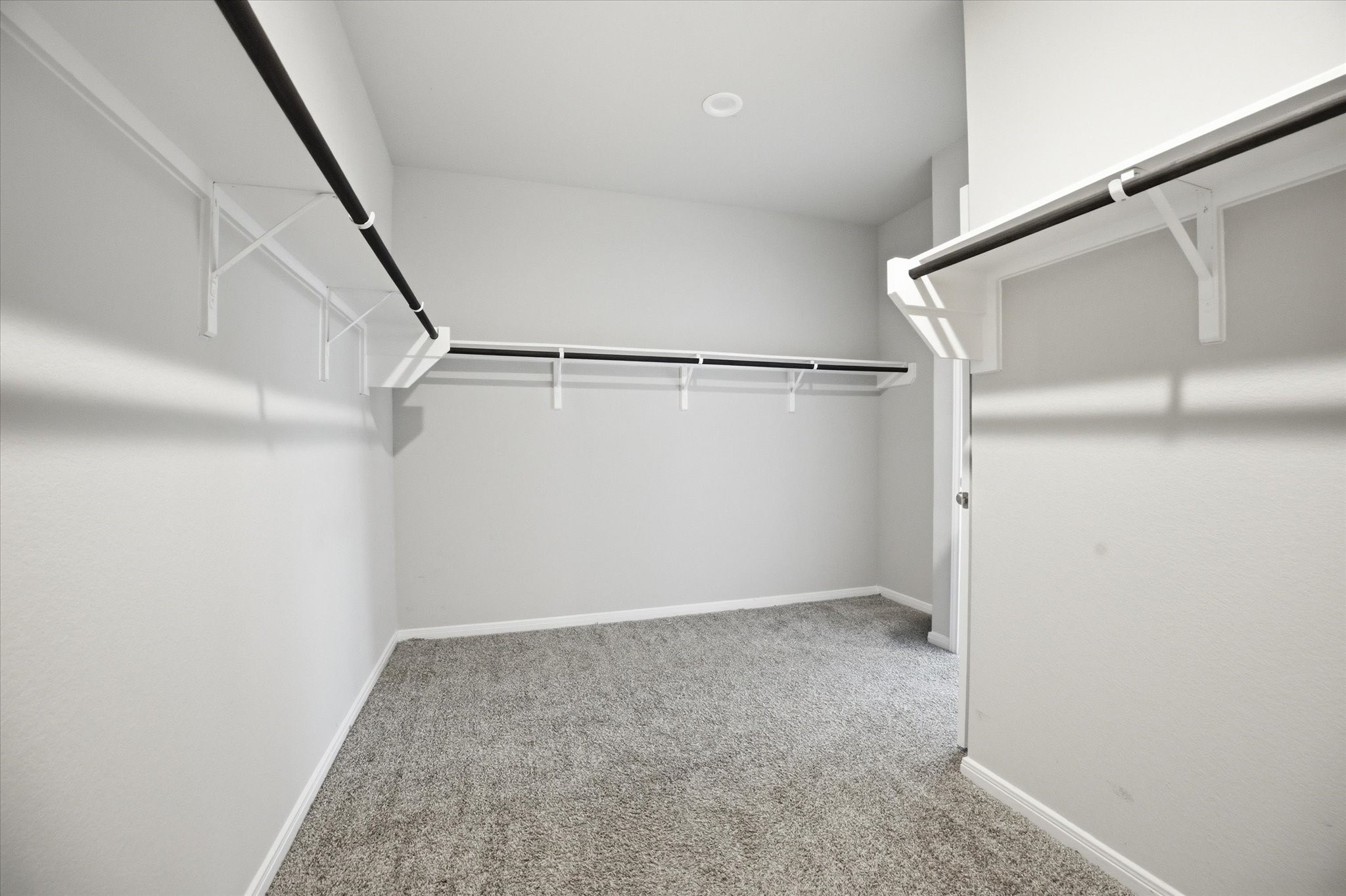 This photo shows a spacious, carpeted walk-in closet featuring ample hanging rods and shelves for storage, with neutral-colored walls and a bright, minimalist design.