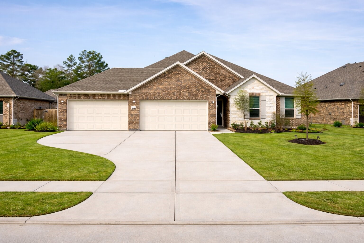 This charming home boasts a modern brick design with a spacious three-car garage and a beautifully maintained front yard, featuring lush green grass and young trees that enhance its excellent curb appeal. This charming home boasts a modern brick design with a spacious three-car garage and a beautifully maintained front yard, featuring lush green grass and young trees that enhance its excellent curb appeal.